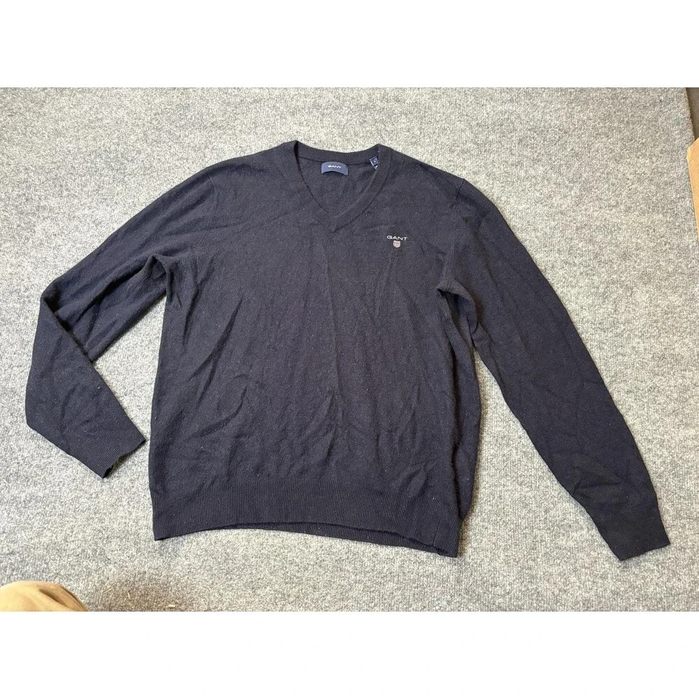 GANT Sweater Mens L Blue Wool V-Neck Lightweight Knit Pullover Long Sleeve Logo